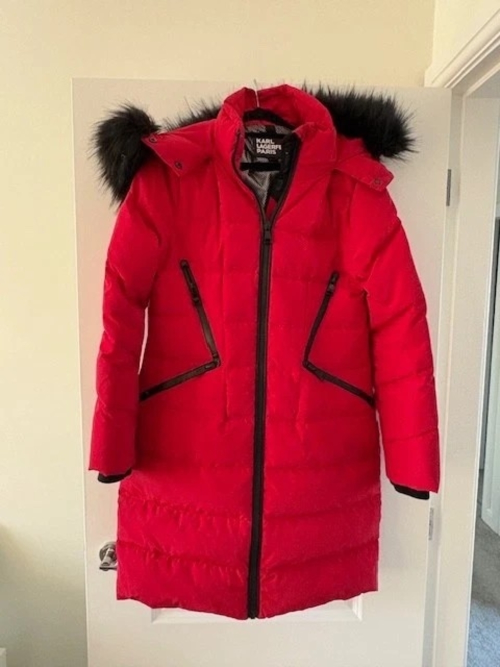 Karl Lagerfeld Vibrant Red Long Puffer Coat with Faux Fur Trim